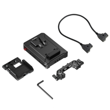 SmallRig 5881 - inteligentny adapter zasilania z płytką montażową do akumulatorów V-Mount (wersja z mocowaniem na 2x pręt 15mm) - zawartość zestawu